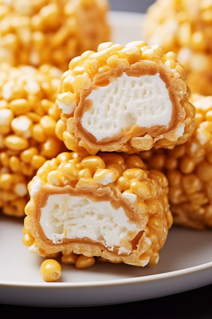 Marshmallow Rice Krispie Balls with Caramel Drizzle