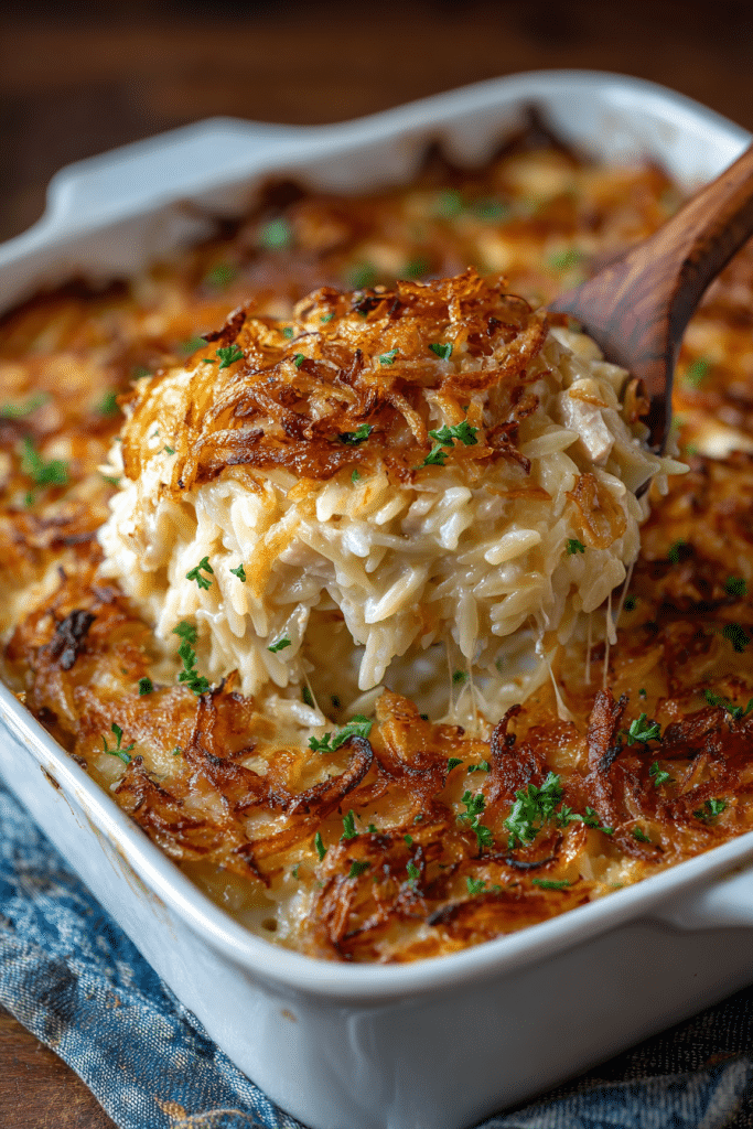 French Onion Chicken Orzo Casserole
