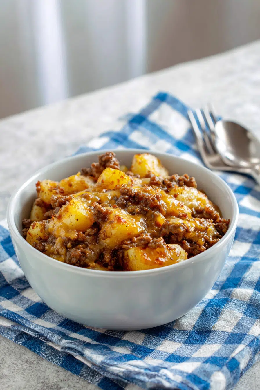 Homemade hamburger hash in a skillet
