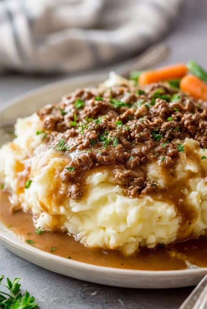 Ground Beef and Gravy Over Mashed Potatoes